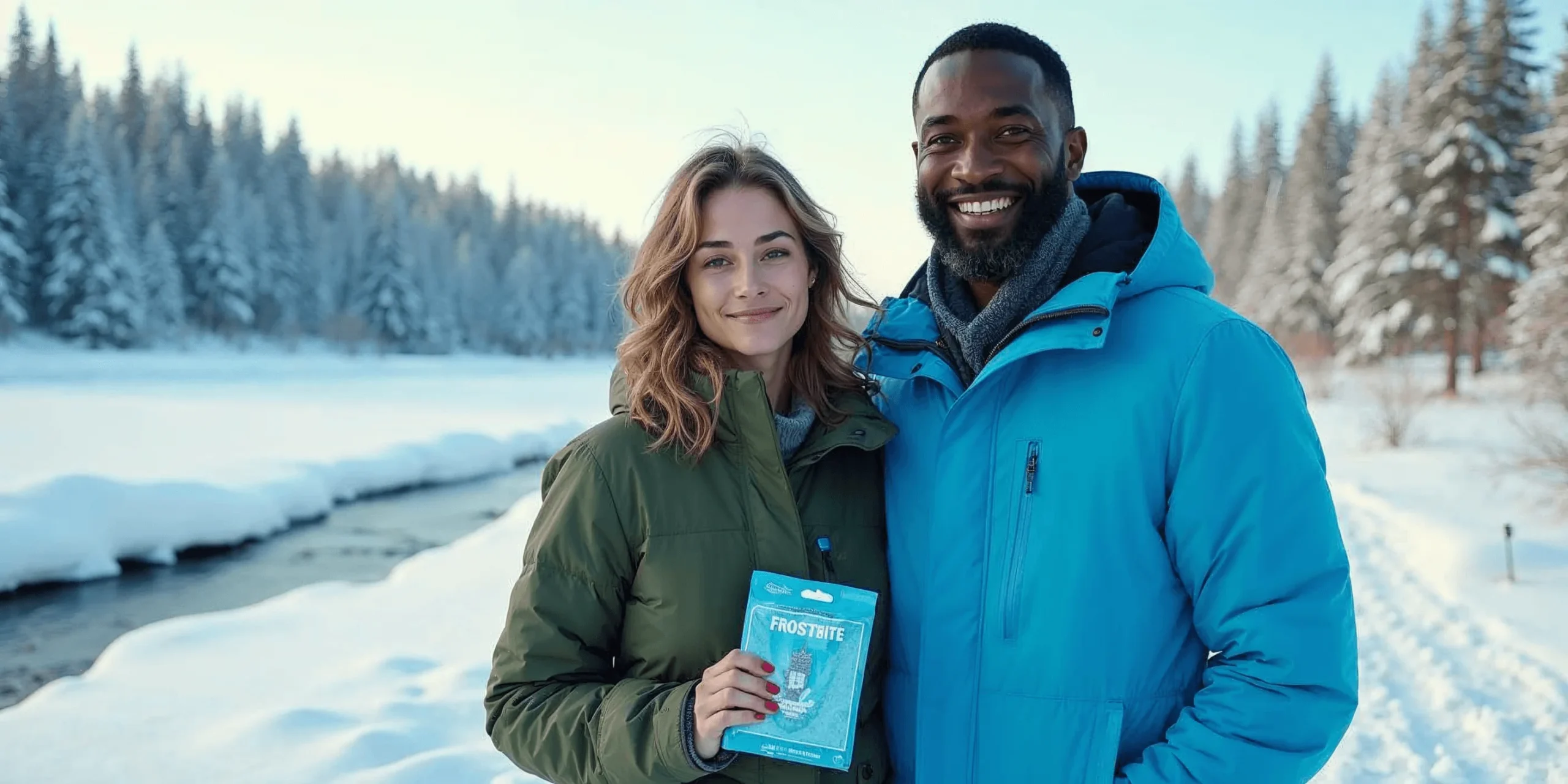 Smiling couple in winter jackets holding Frostbite cannabis product outdoors in a snowy forest landscape.