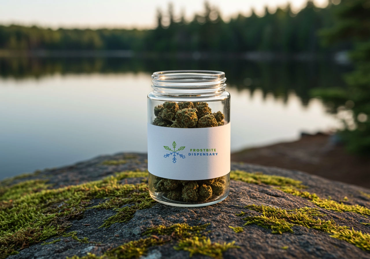 Glass jar of cannabis with a minimalist “Frostbite Dispensary” label, placed on a mossy lakeside rock with a calm forested lake and tree line in the background at sunset.