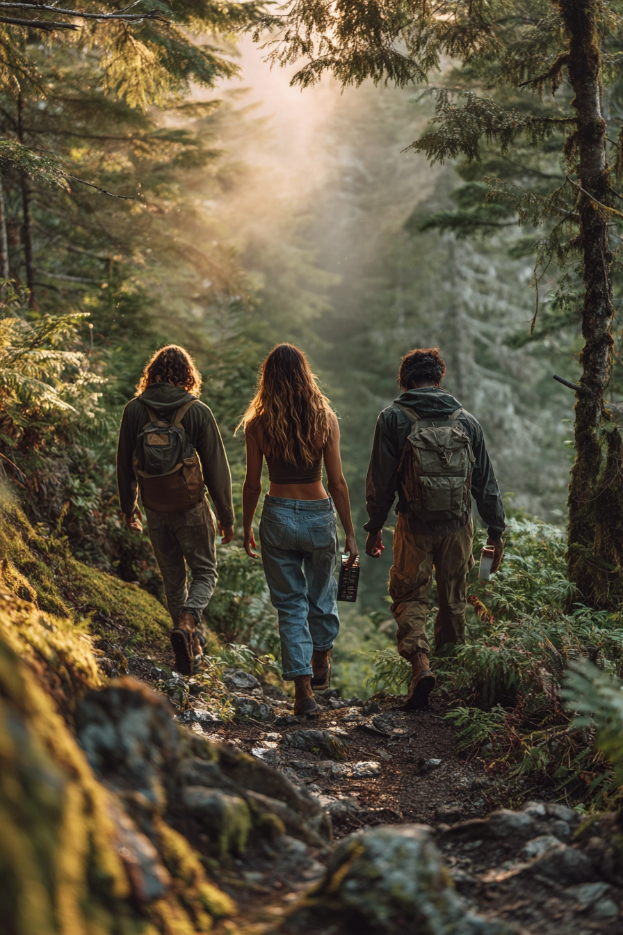 Three hikers walking up a misty forest trail with cannabis items in hand, seen from behind in soft golden hour light.